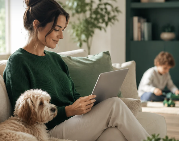Parent using a digital guide with a dog and child nearby