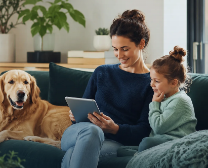 Parent, child and dog reading together